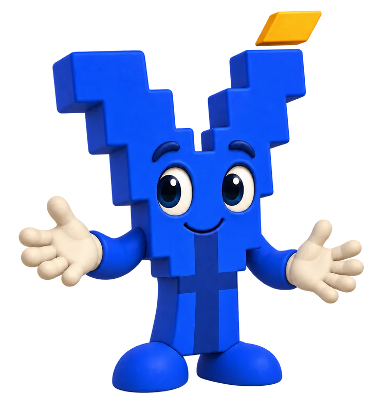 Vértice, el personaje azul de la marca, te da la bienvenida con las manos abiertas